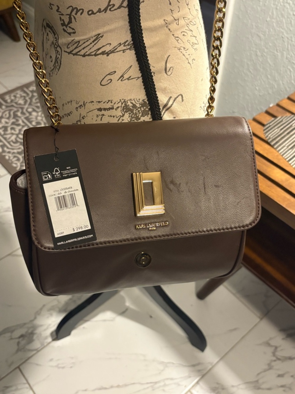 Karl Lagerfeld Taupe Leather Shoulder Bag with Gold Chain Hardware